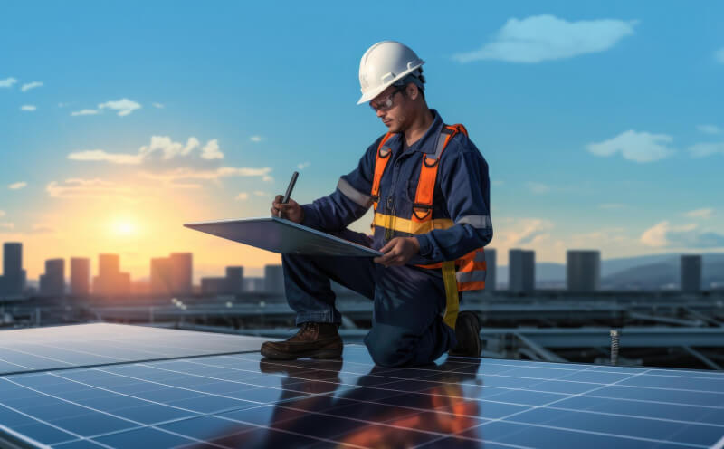 Solarmonteur prüft die Planung auf einem begrünten Flachdach