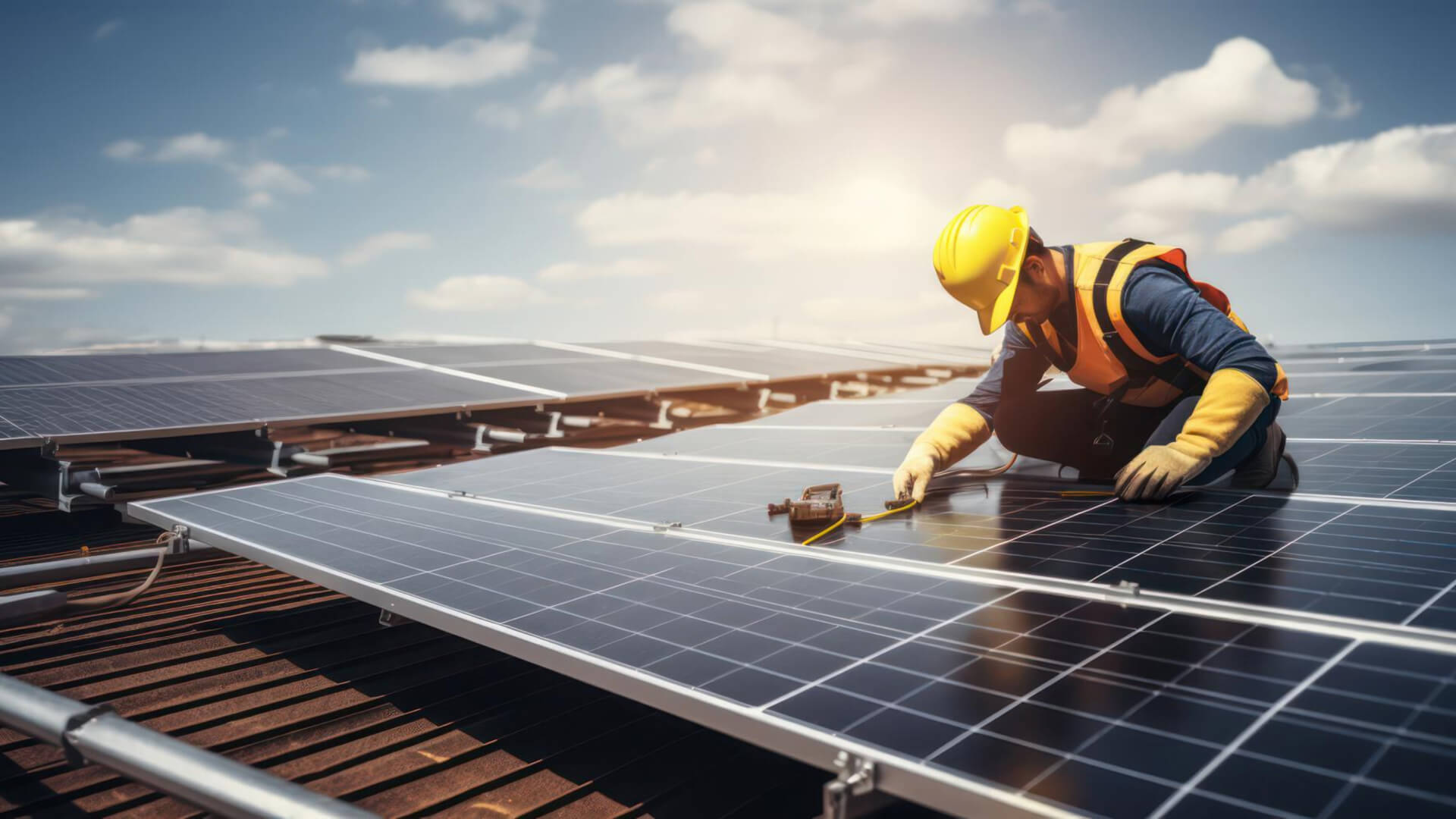Solarmonteur montiert Photovoltaikmodule auf einem Dach